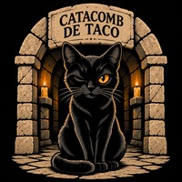 A black cat with one orange eye, sitting in the mouth of a candlelit stone archway. The carved sign above reads Catacomb de Taco.