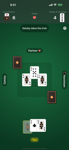 A Euchre hand in progress: three clubs played to the middle of the green felt, the player's cards along the bottom with the two they may play standing up and a third dimmed. The score at the top is kept in playing cards.