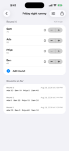 A scorecard called Friday night rummy: four players with their running totals, a plus and minus beside each, and the rounds already played listed underneath with the time each was entered.
